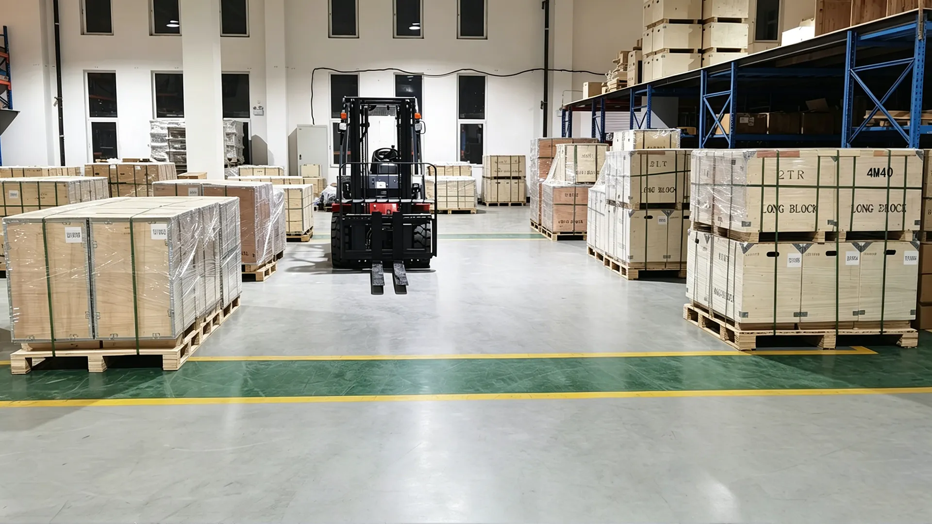 Finished goods warehouse with fumigation-free wooden crates